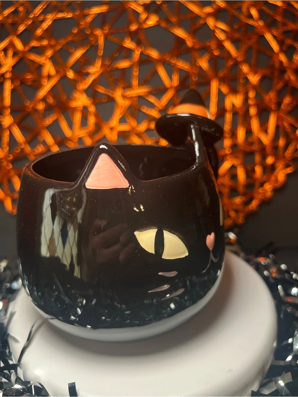 Halloween Black Cat Shaped Ceramic Mug with Witch Hat Handle Kitty Kitten